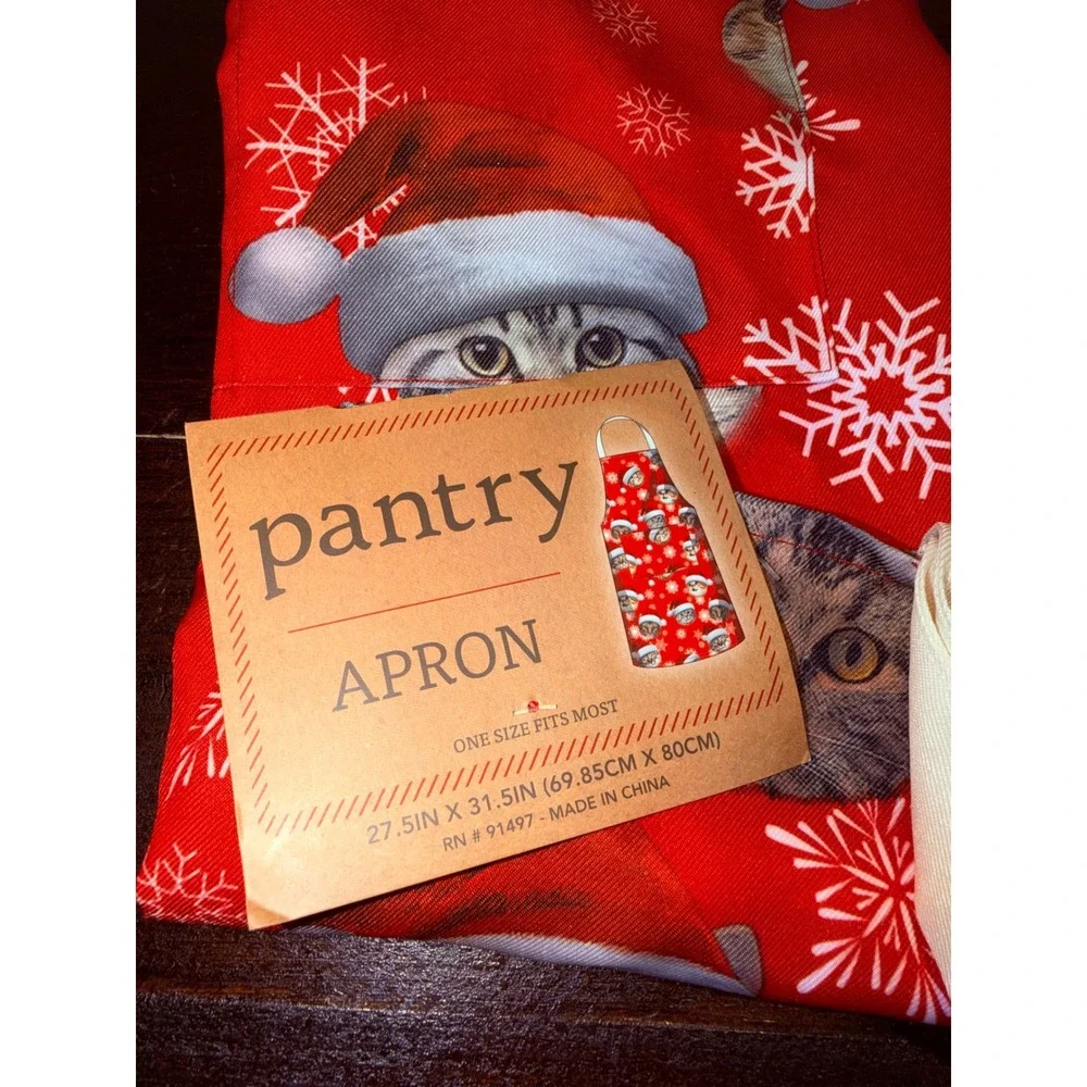 Pantry Christmas Apron‎ Red Santa Cats Snowflakes One Size New Holiday Kitchen